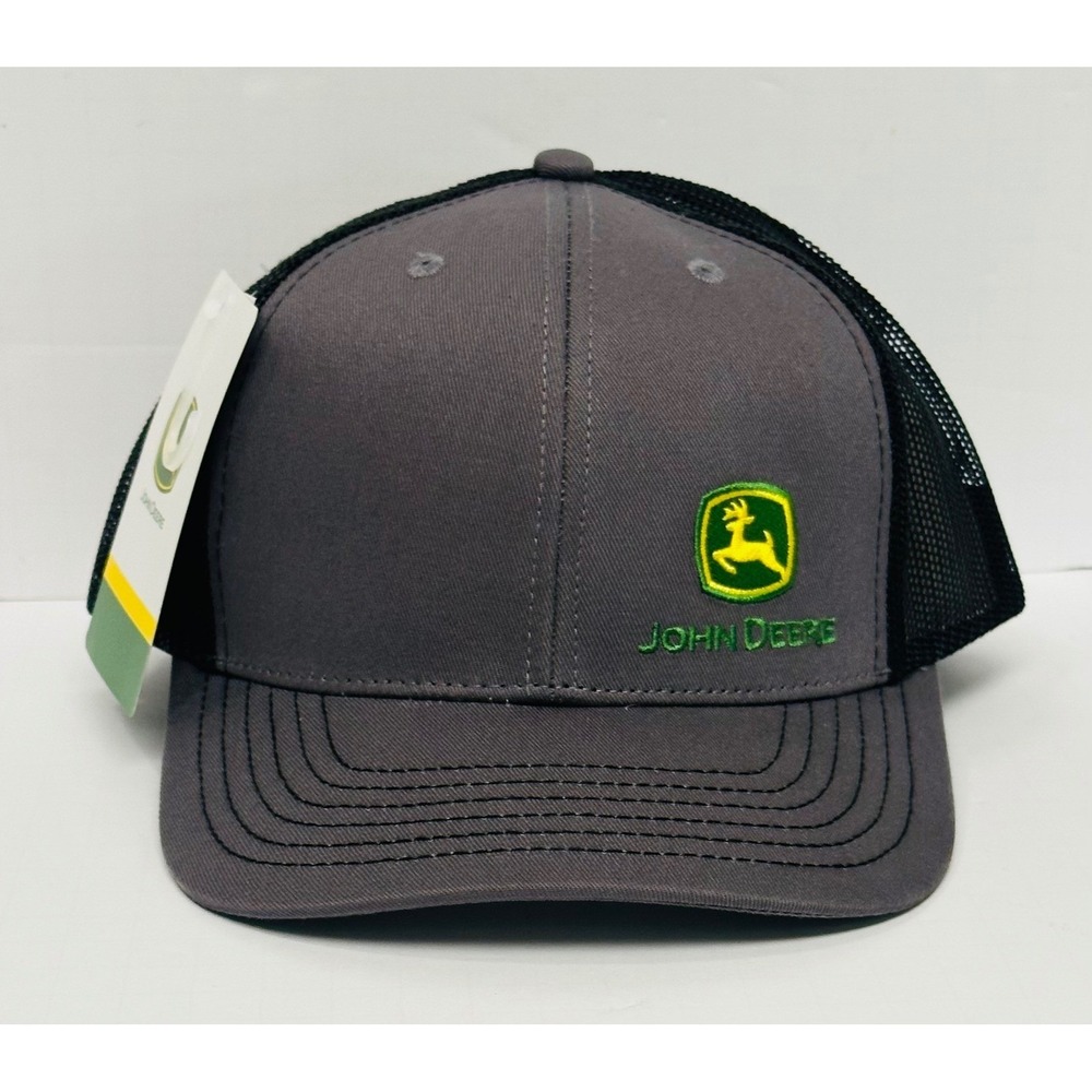 John Deere Adult Grey Black Mesh Snapback Logo One Size Trucker Hat New 2024